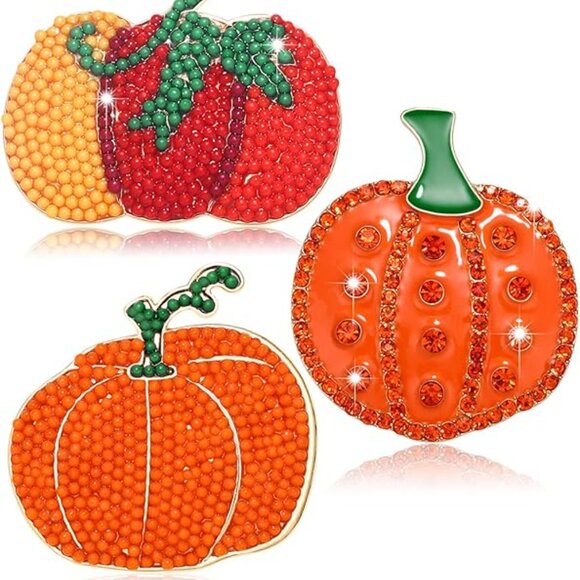NEW Brooches Pins Lot of 3 Beaded & Enamel Painted Pumpkin Fall Thanksgiving - Picture 1 of 4